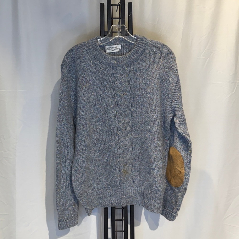 Men's Heather Blue Cable Knit‎ Sweater with Tan Elbow Patch